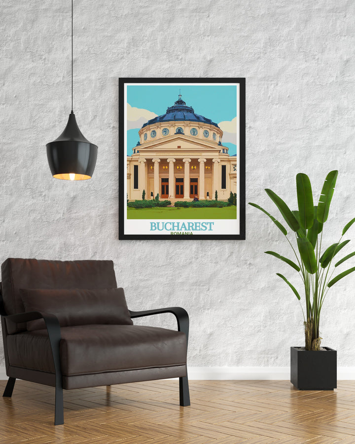 This Bucharest poster print captures the grandeur of the Romanian Athenaeum, one of the citys most famous landmarks. The travel print offers a stunning view of Romanias architectural masterpiece, bringing a touch of European elegance to any room. Perfect for home or office décor.