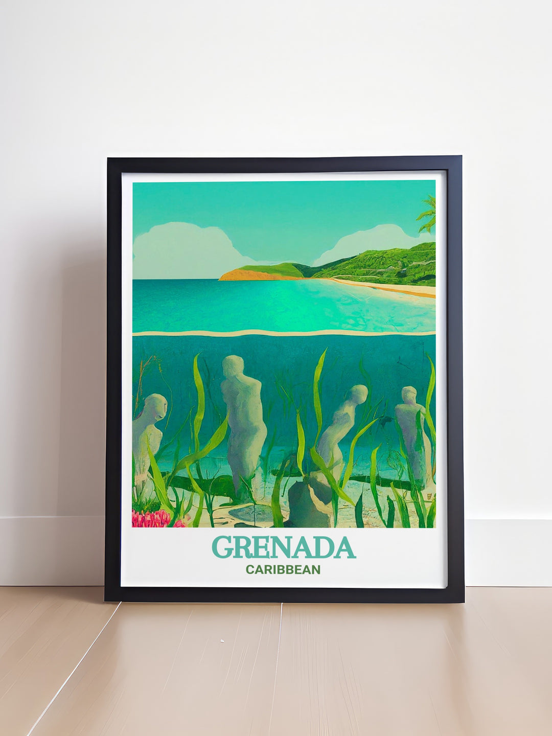 Nature print of the Underwater Sculpture Park, showcasing the mesmerizing underwater sculptures and crystal clear waters of this beautiful Caribbean location. A wonderful piece for home decor or as a special gift. Bring the serenity of Grenada into your home.