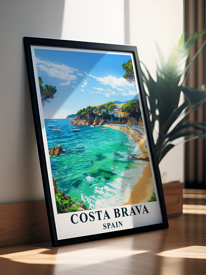 This Costa Brava poster captures the essence of Spains Mediterranean charm. Ideal for wall art or as a Costa Brava gift, the vibrant colors and serene beach scene create a peaceful atmosphere in any living space.