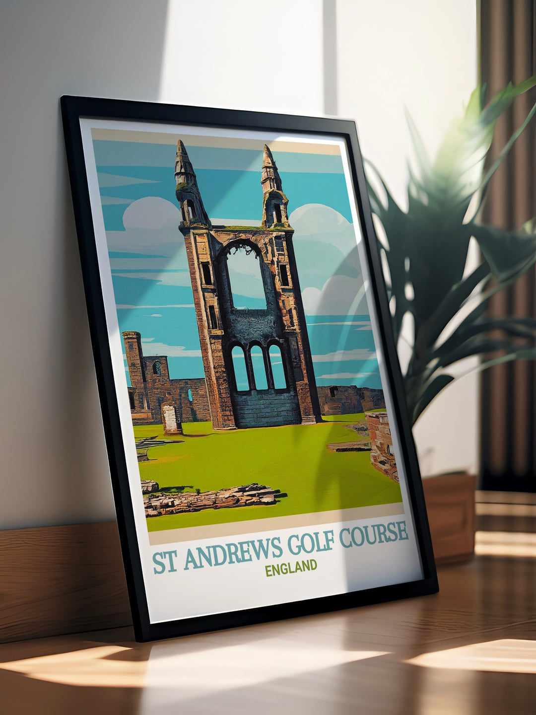 Custom print of St Andrews, highlighting the Golf Course and the Cathedral in vivid detail. This artwork is perfect for anyone looking to bring a piece of Scotlands rich history and sporting tradition into their home decor.