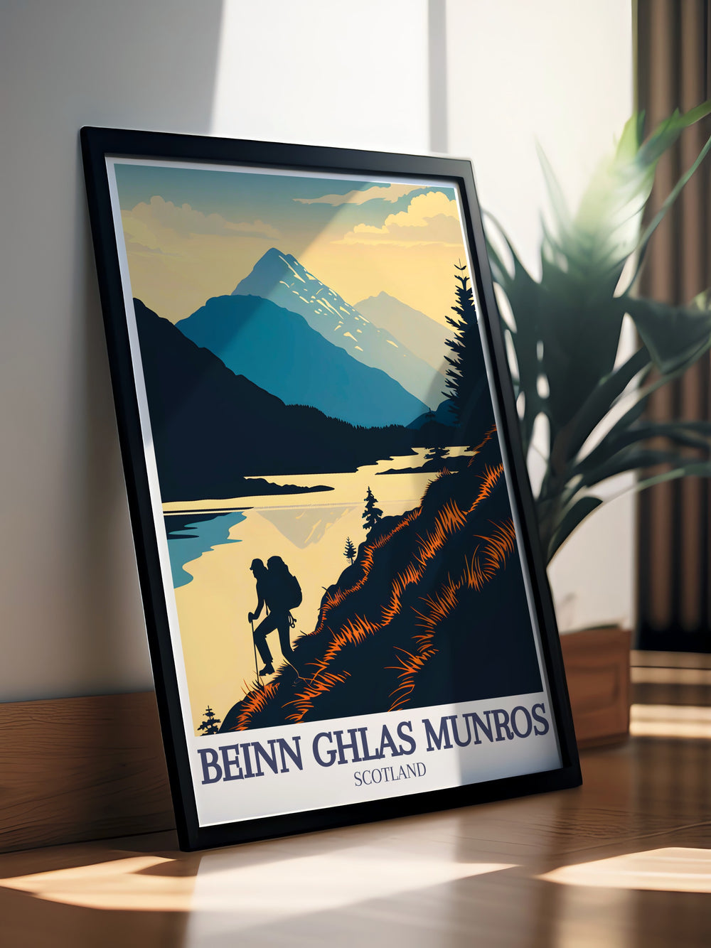 Framed print of Ben Lawers and Loch Tay showcasing the serene landscape of the Scottish Highlands with Beinn Ghlas Munro in the background. Perfect for adding elegance to any room.