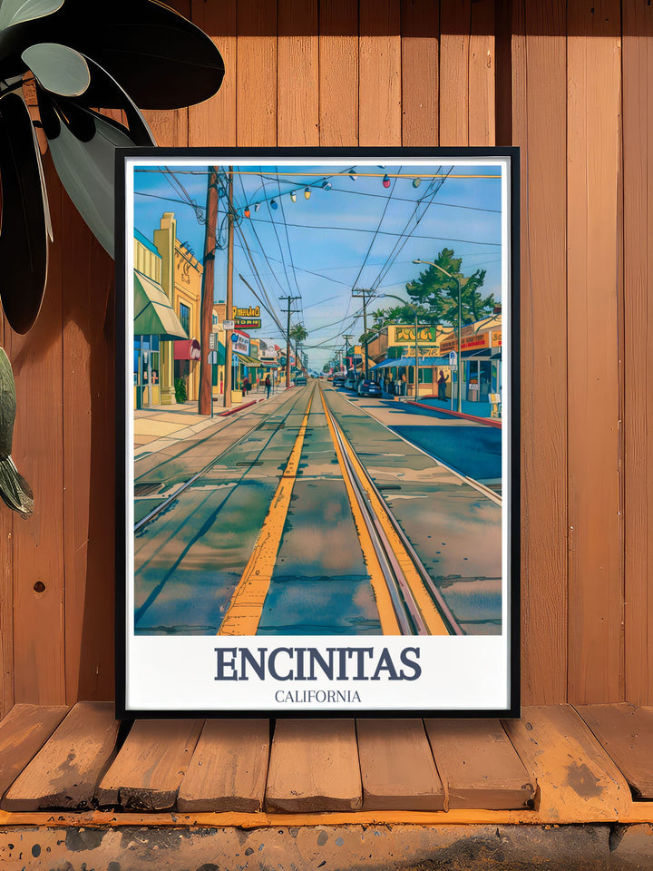 Personalized gift featuring a vintage print of Downtown Encinitas Coast Highway 101 capturing the timeless beauty and vibrant spirit of this beloved coastal destination ideal for travel lovers and art enthusiasts
