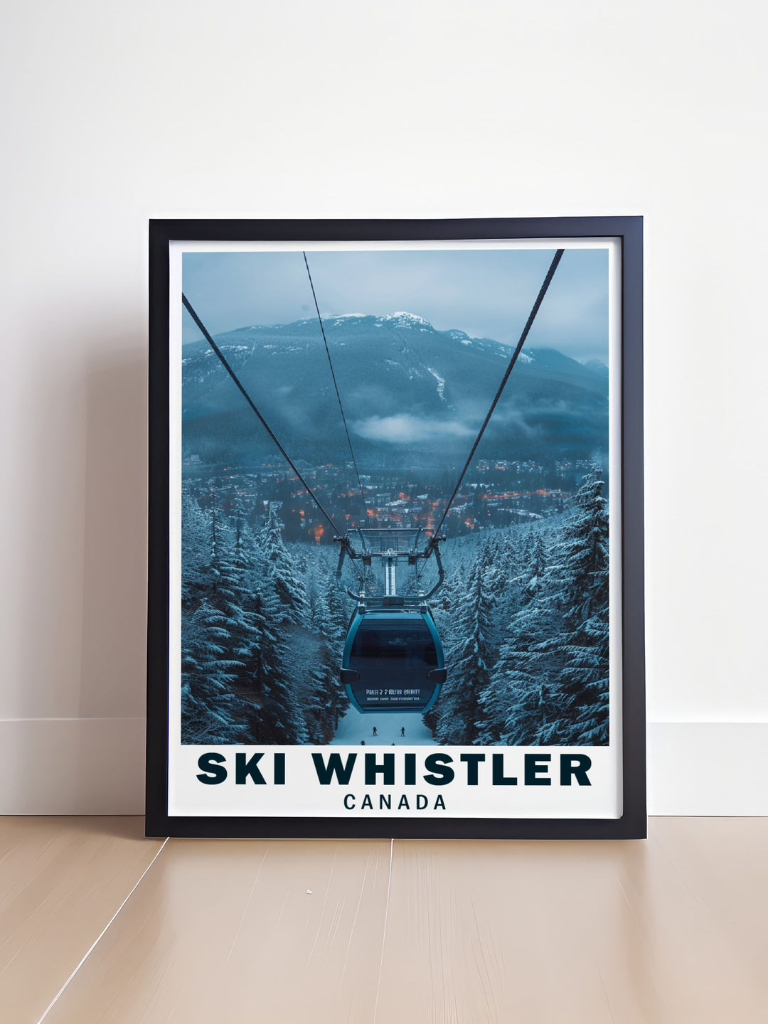 This travel poster showcases the majestic Peak 2 Peak Gondola in Whistler, offering a stunning perspective of the snow covered peaks and lush valleys, ideal for those who love high altitude adventures.