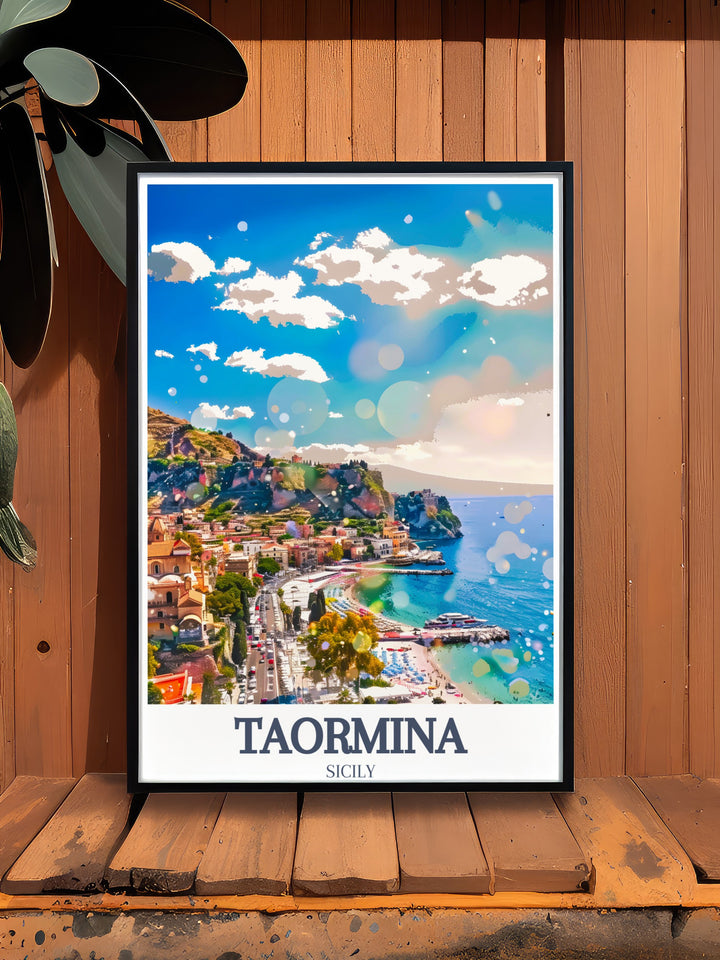 Elegant Italy wall decor with Taormina Beach and Isola Bella. This stunning art print brings the picturesque beauty of Taorminas coastline and Isola Bella into your home. Ideal for adding a Mediterranean touch to your decor.