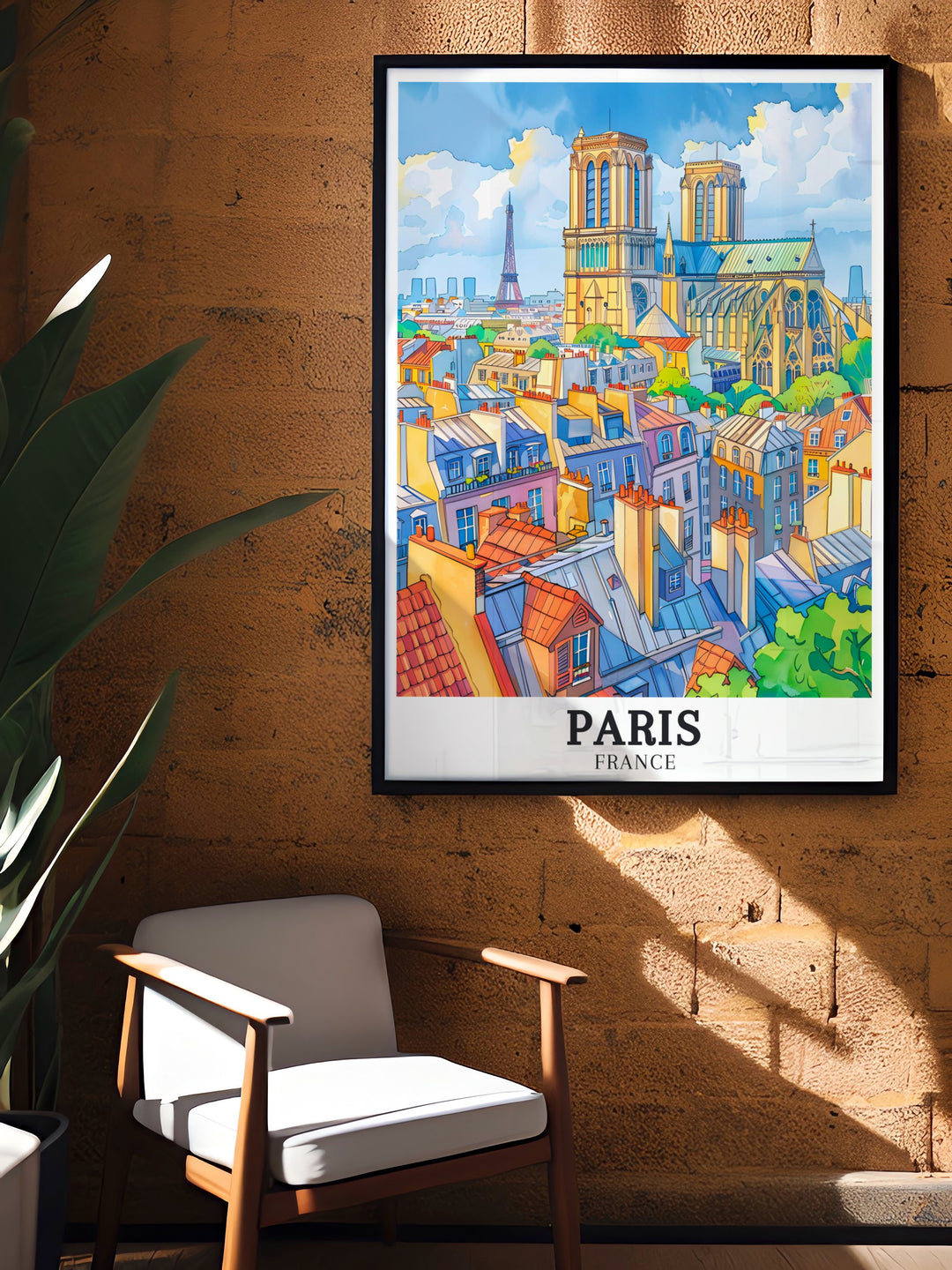 Eye catching Paris Wall Art featuring the Eiffel Tower and Notre Dame Cathedral. This colorful art print is ideal for anyone who loves Paris and wants to bring its charm into their home.