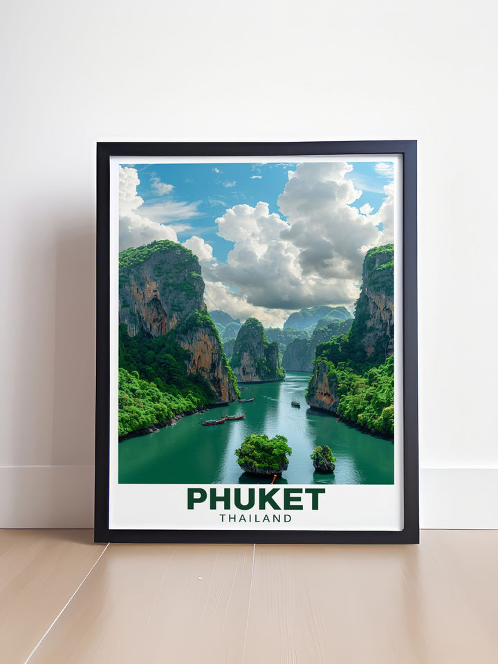 Stunning Phang Nga Bay artwork showcasing the breathtaking scenery and unique limestone formations of this popular Thai destination ideal for enhancing your living space with a piece of Thailands natural beauty and charm