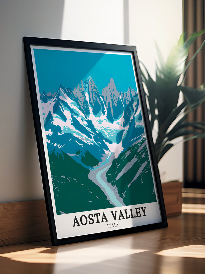 A vintage poster showcasing the beauty of Aosta Valley, the grandeur of Mont Blanc, and the distinctive shape of the Matterhorn. This Italy travel print offers a nostalgic view of these iconic landmarks, with a design that complements both modern and classic decor styles. A perfect addition to any art collection.