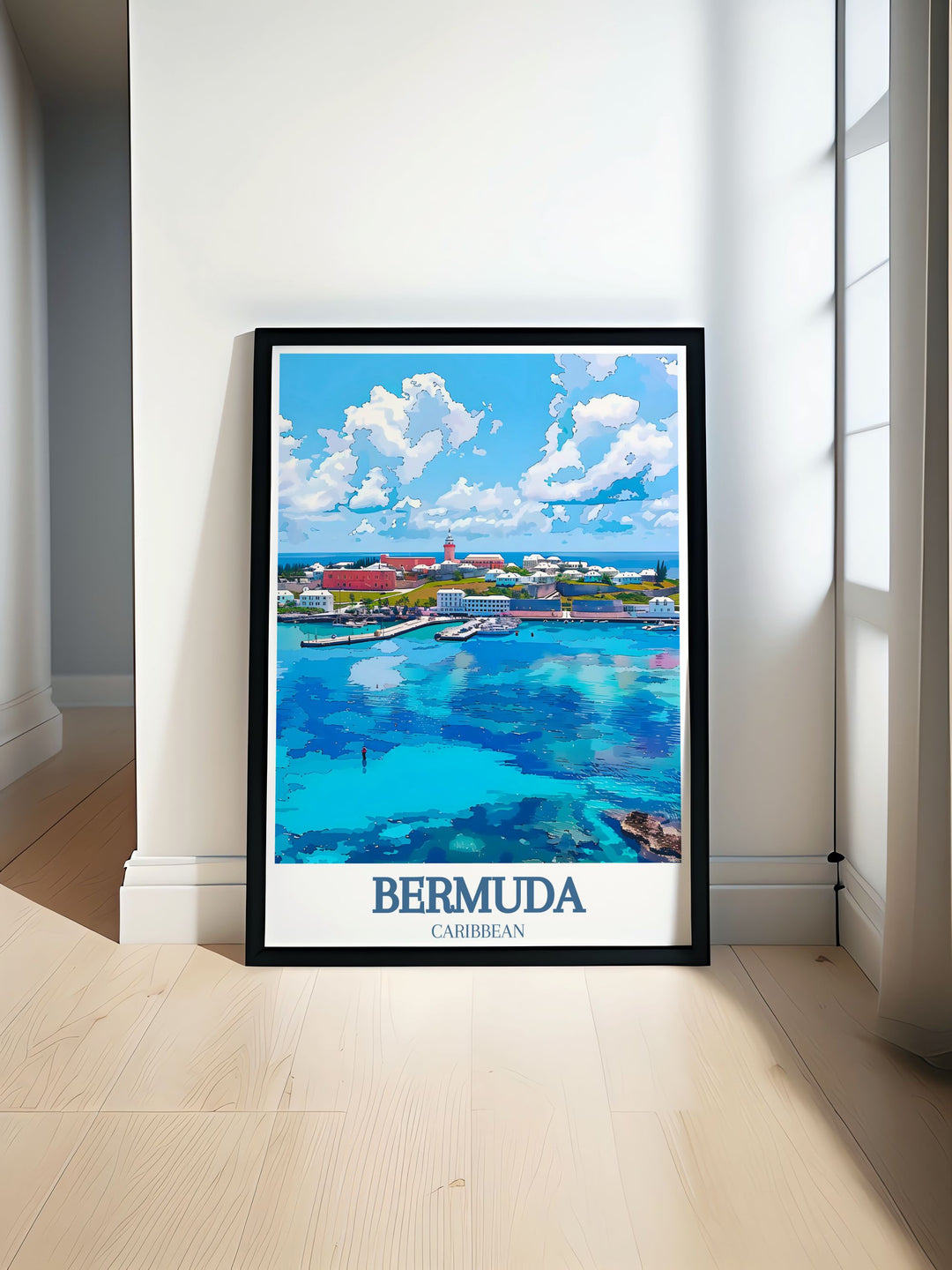 Beautiful Bermuda poster featuring the historic St. Georges Town and the iconic St. Peters Church, showcasing the islands rich heritage and charm. Perfect for adding a touch of historical elegance to your home decor.