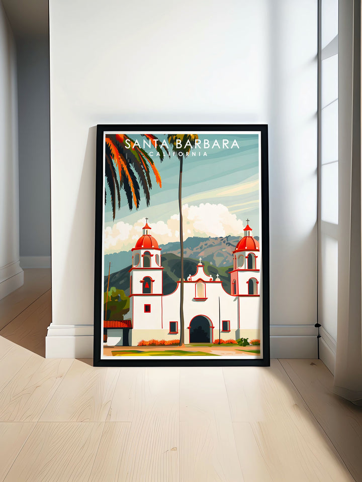 Santa Barbara Mission Wall Art featuring a colorful and detailed city map perfect for home decor and gifting this art print brings vibrant street maps and fine line designs to life making it ideal for living room or office decor