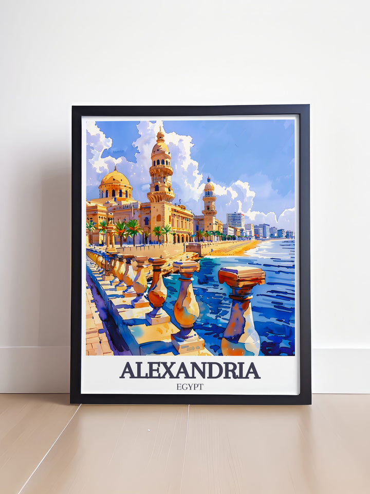 Celebrate Alexandria Egypt with this detailed art print of Stanley Beach and Corniche Promenade Cathedral. This colorful artwork is ideal for any decor style, offering a unique way to bring the citys vibrant spirit into your home or office.