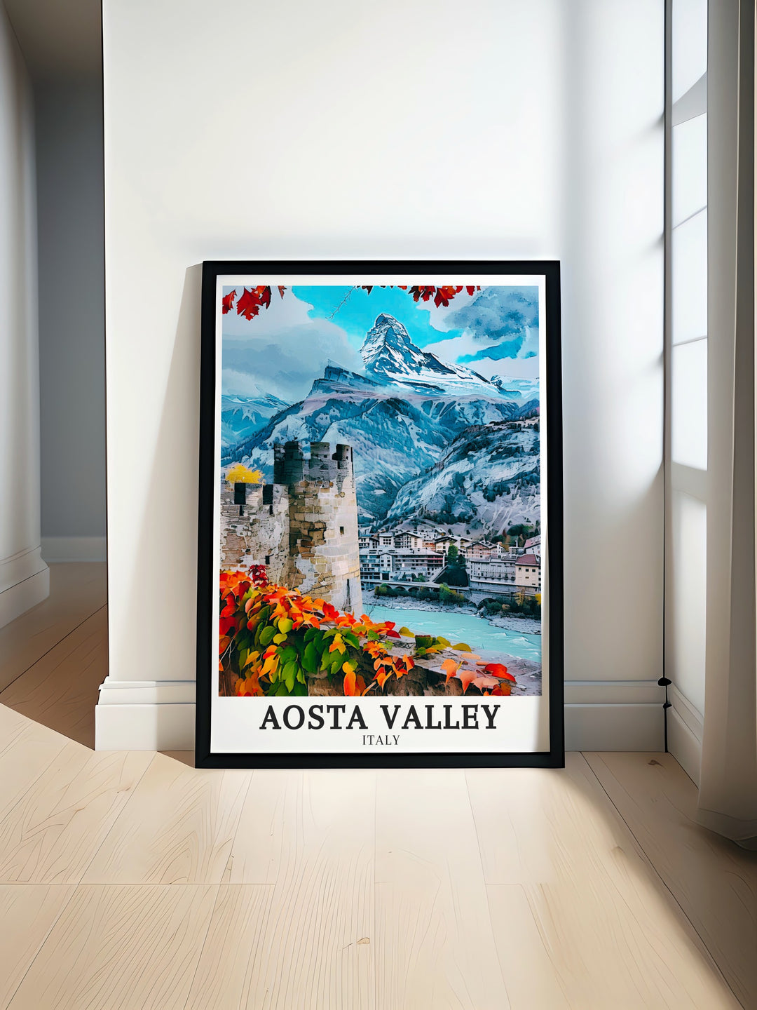 A travel poster featuring Aosta Valley, Bard, and Monte Rosa, perfect for anyone with a passion for Italys stunning landscapes and rich history. This poster captures the essence of Italys alpine regions, offering a visual escape to the tranquil valleys and towering mountains of the Italian Alps. Printed with high quality inks on durable paper, this travel poster is a great addition to any decor, whether in a home, office, or studio.