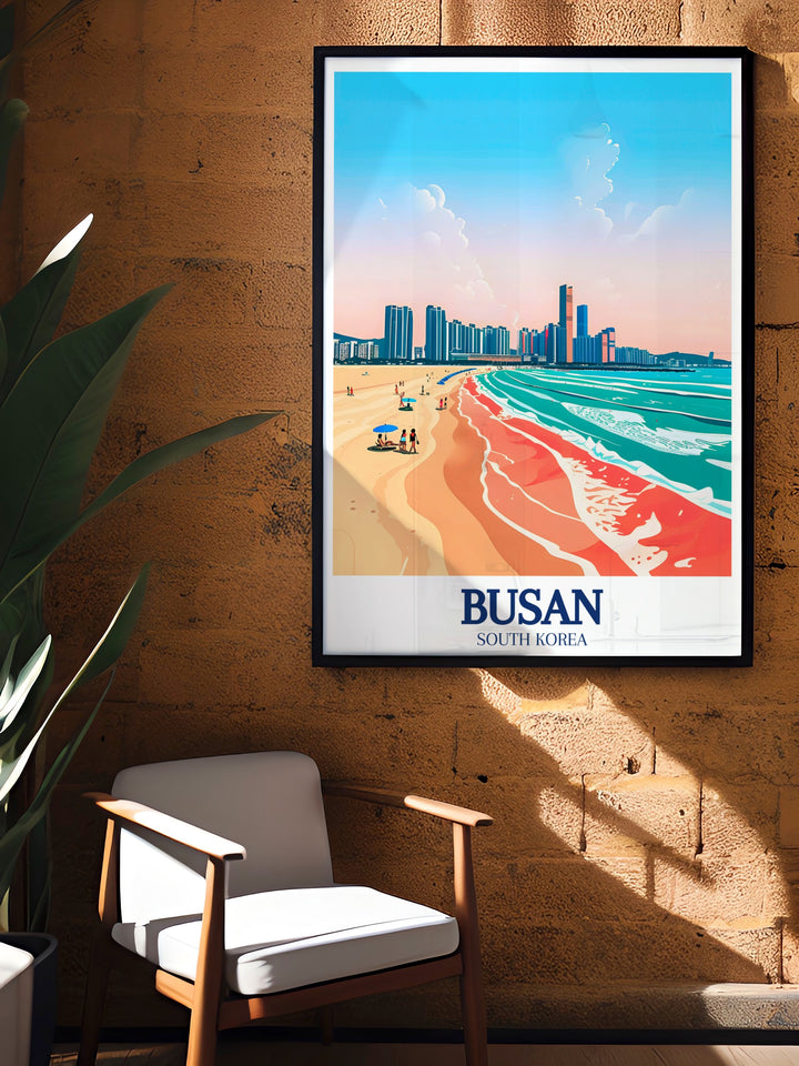 Elegant Busan wall art showcasing the serene Haeundae Beach and the bustling Haeundae gu Skyline perfect for creating a stunning focal point in any room while celebrating the unique beauty of South Koreas coastal and urban landscapes.