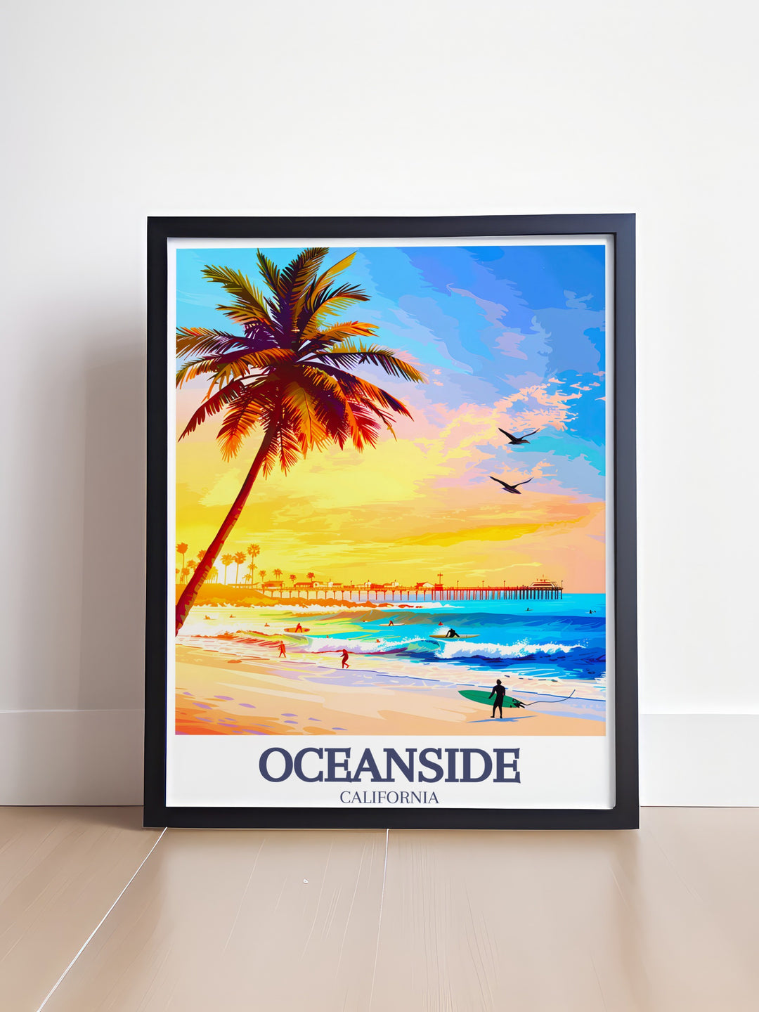 Stunning poster of Oceanside Beach and Oceanside Pier capturing the serene ambiance of the beach ideal for adding a touch of coastal charm to your living room bedroom or office decor