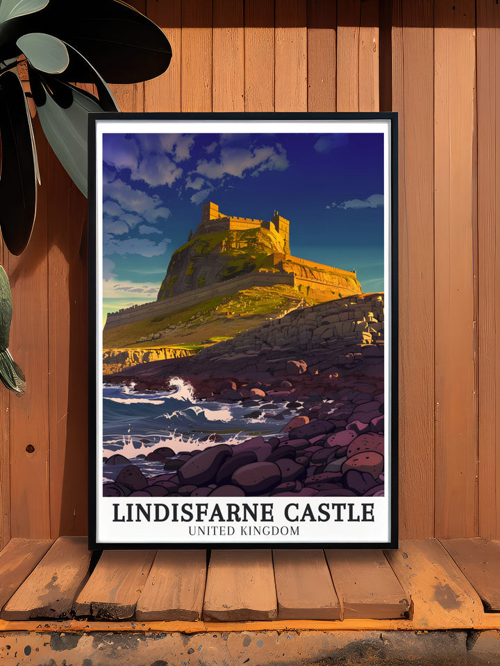 Causeway Travel Poster focusing on the picturesque causeway leading to Lindisfarne Castle, with the North Sea gently lapping at its edges. This travel poster is ideal for those who love serene and scenic landscapes, bringing a touch of tranquility to your decor.