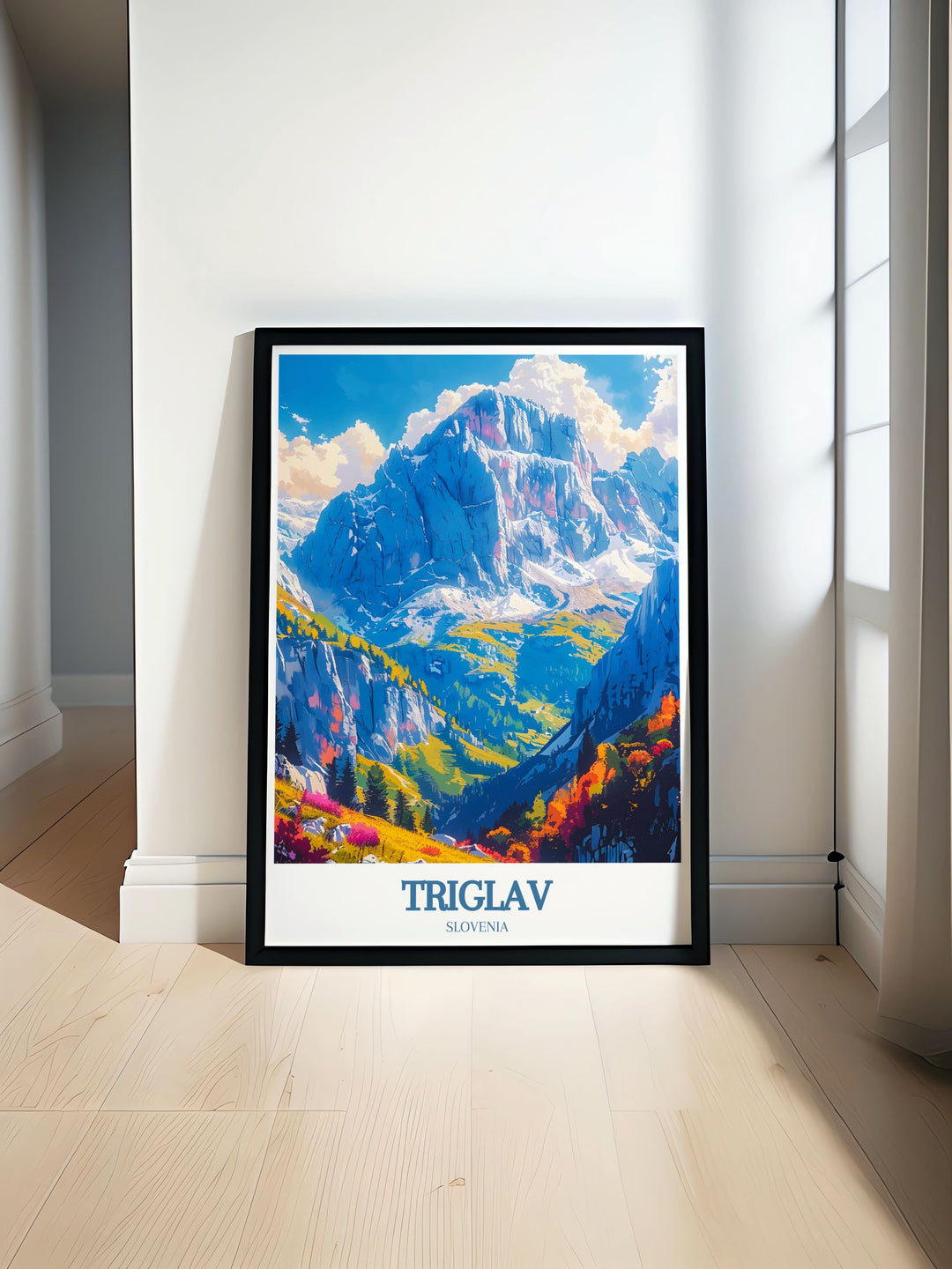 Triglav Peak travel poster featuring the majestic Mount Triglav in Slovenia with a stunning view of Lake Bled perfect for adding a sense of adventure and tranquility to your living room decor or as a unique gift for nature lovers and travel enthusiasts.