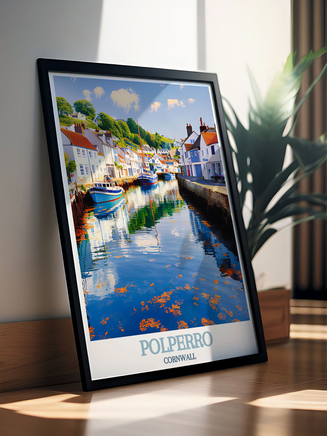 Elegant Polperro Harbour vintage travel print bringing the charm of Polperro Cornwall into your home decor