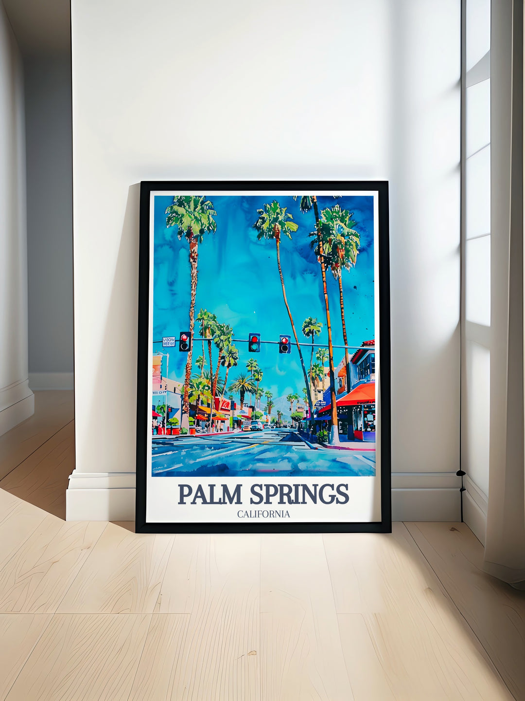 Palm Springs Poster Print featuring iconic landmarks like Palm Canyon Drive and Downtown, showcasing the beauty of Californias desert charm. This travel print is ideal for wall decor or as a gift, adding a vibrant touch of Palm Springs into your home or office.