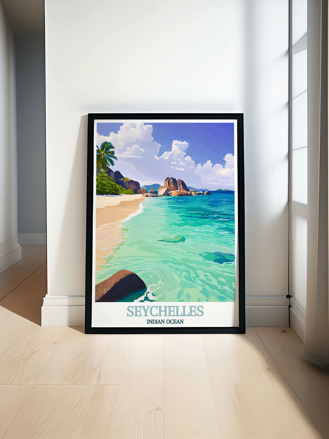 This poster of Anse Source dArgent and the Indian Ocean captures the stunning natural beauty and serene atmosphere of Seychelles, inviting viewers to explore this tropical gem.