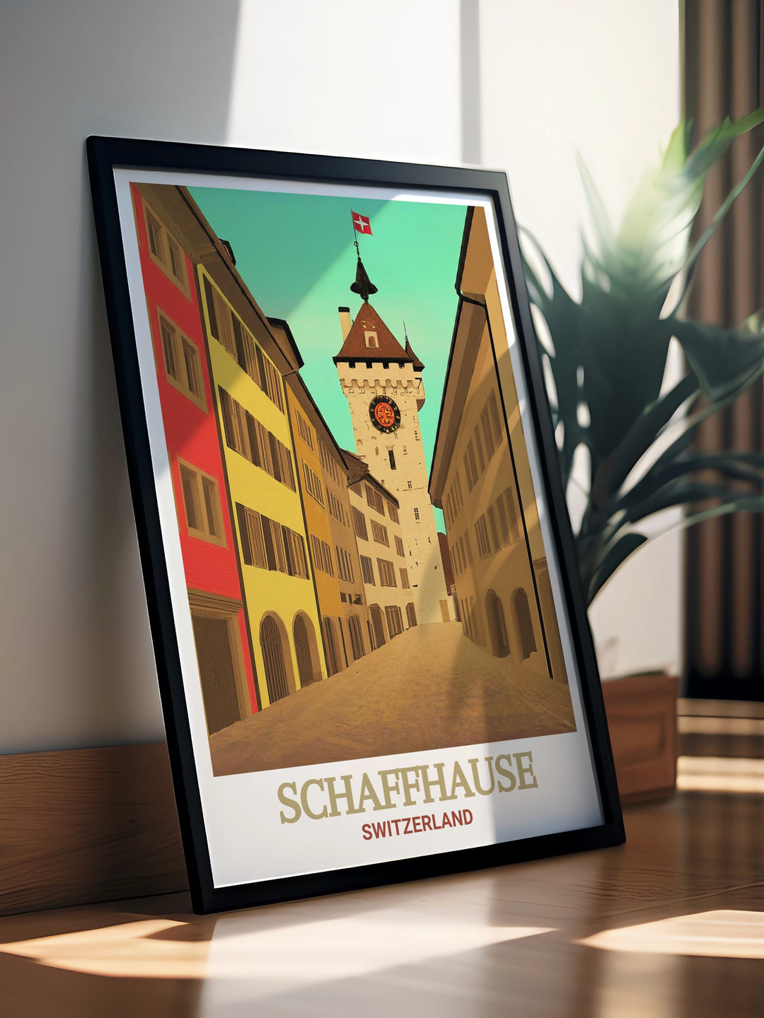 Schaffhausen travel poster featuring Old Town. A detailed illustration highlighting the unique features and historical significance of this Swiss town. Ideal for those who love travel art and history. Adds sophistication to home or office decor.