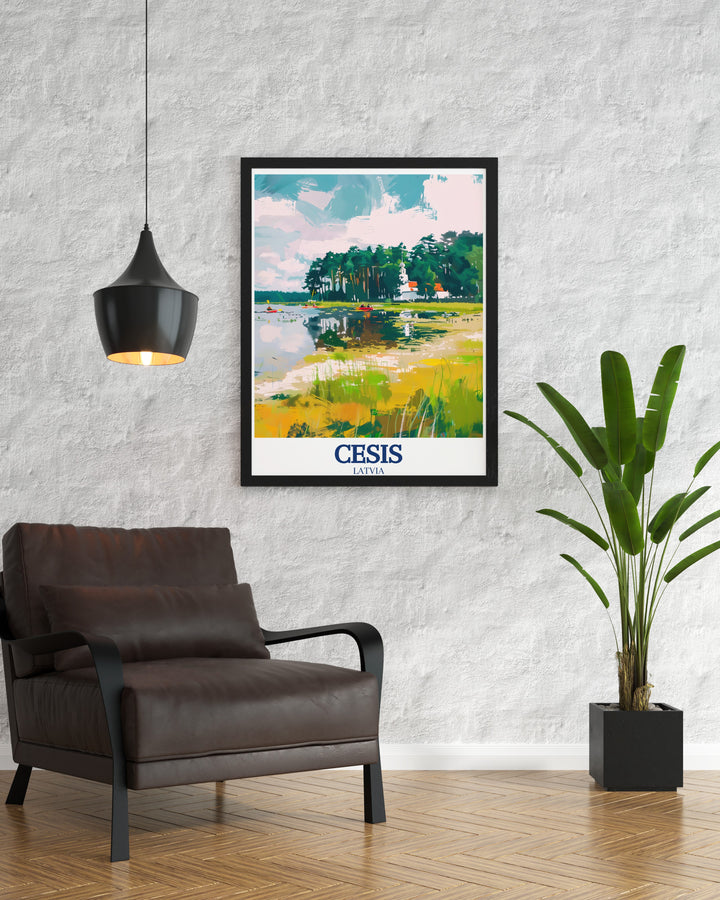 A detailed poster print of Cēsis, Latvia, featuring the serene Gauja River and the expansive Gauja National Park. This travel poster captures the natural beauty and historical charm of Latvia, perfect for adding a touch of tranquility to your home decor.