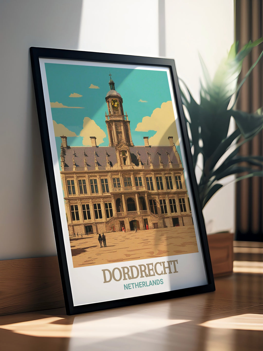 Dordrecht travel print highlighting the timeless beauty of the City Hall, set within the picturesque streets of this historic Dutch city. This Netherlands wall art is a great way to celebrate Dutch culture and history in your home decor.