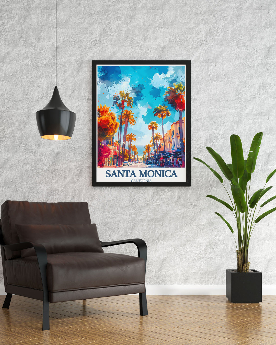 A vibrant depiction of Third Street Promenade, highlighting its bustling atmosphere, diverse stores, and lively street performances, ideal for showcasing Santa Monicas dynamic culture.