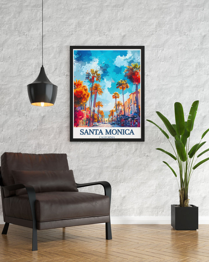 A vibrant Santa Monica poster print featuring the iconic pier, bustling Third Street Promenade, and sleek Santa Monica Place. This travel inspired artwork captures the essence of Californias beach culture and urban energy, making it a perfect addition to coastal home decor. Ideal for beach lovers and travel enthusiasts.