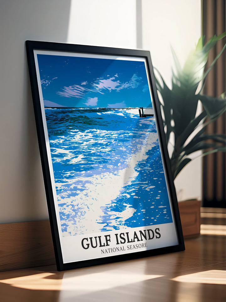 This Pensacola Beach travel poster celebrates the natural beauty of Floridas Gulf Coast. Featuring stunning views of the beach and water, this poster is a great addition to any coastal themed space. Its vibrant colors and detailed depiction of the beach make it an eye catching piece of decor.