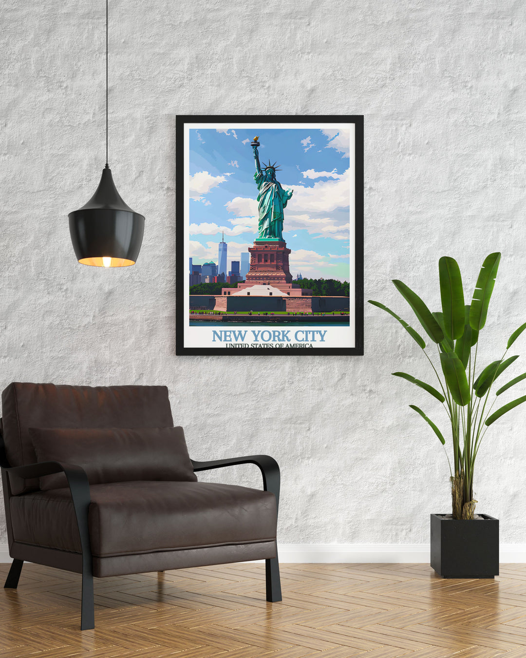 Stunning New York skyline watercolour featuring the Statue of Liberty ideal for travel gifts and modern decor pieces in any room