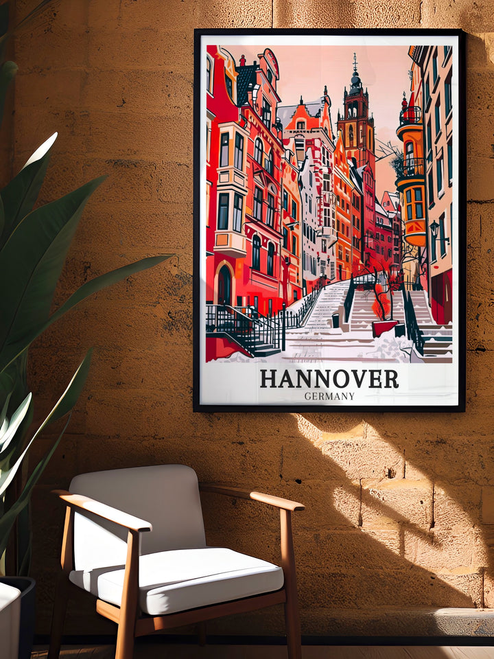 Travel print featuring Hannover Germany with a focus on the Old Town and Schmiedestraße capturing the essence of the citys rich cultural landscape a wonderful piece for anyone who has visited or dreams of exploring Germany