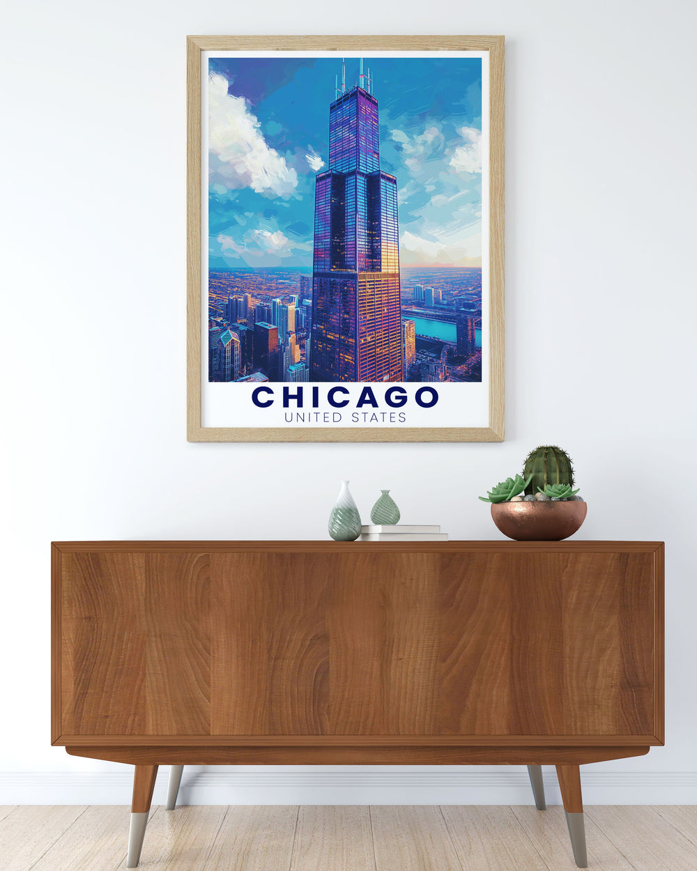 Vintage Willis Tower travel poster showcasing the iconic tower and the bustling Chicago skyline perfect for personalized gifts and adding a classic touch to your wall art collection.