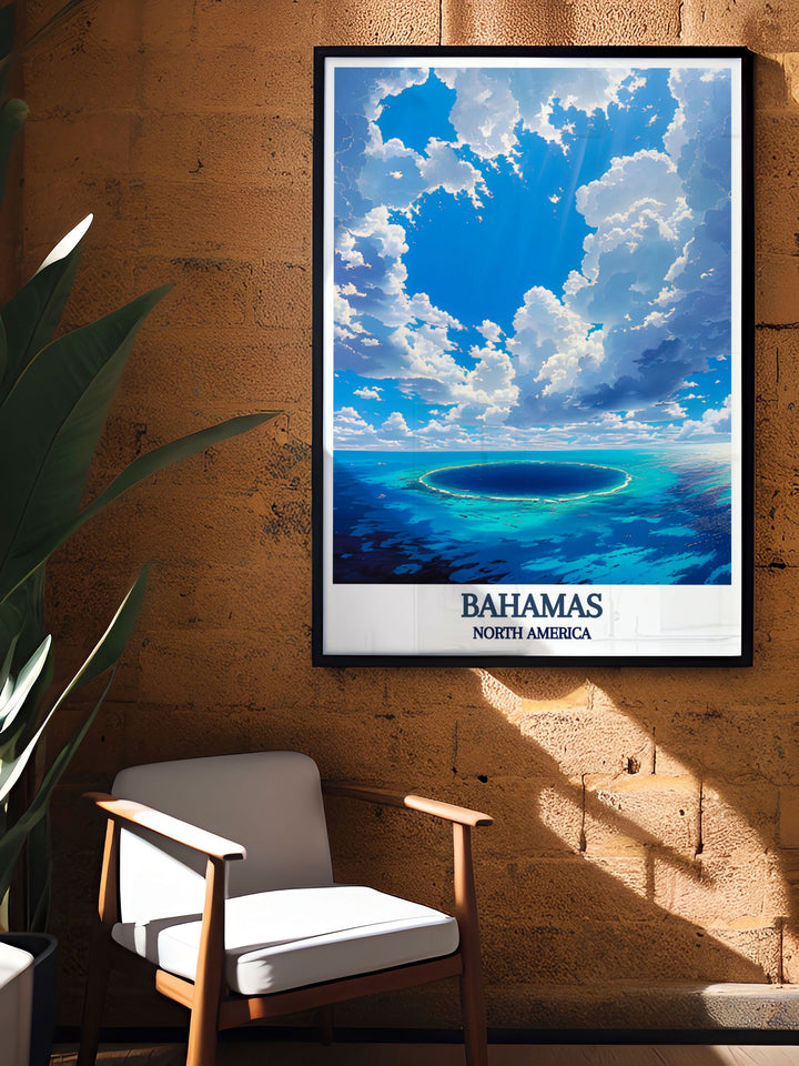 Artistic representation of the Bahamas Blue Hole, showcasing its world renowned clarity and deep blue waters as a centerpiece of your home decor.
