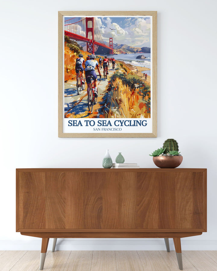 Experience the thrill of the Sea to Sea Cycling Route and the majestic Golden Gate Bridge with this detailed poster, highlighting the scenic views from the Cliffs of Dover to the urban landscape of San Francisco, ideal for any cycling themed home decor.