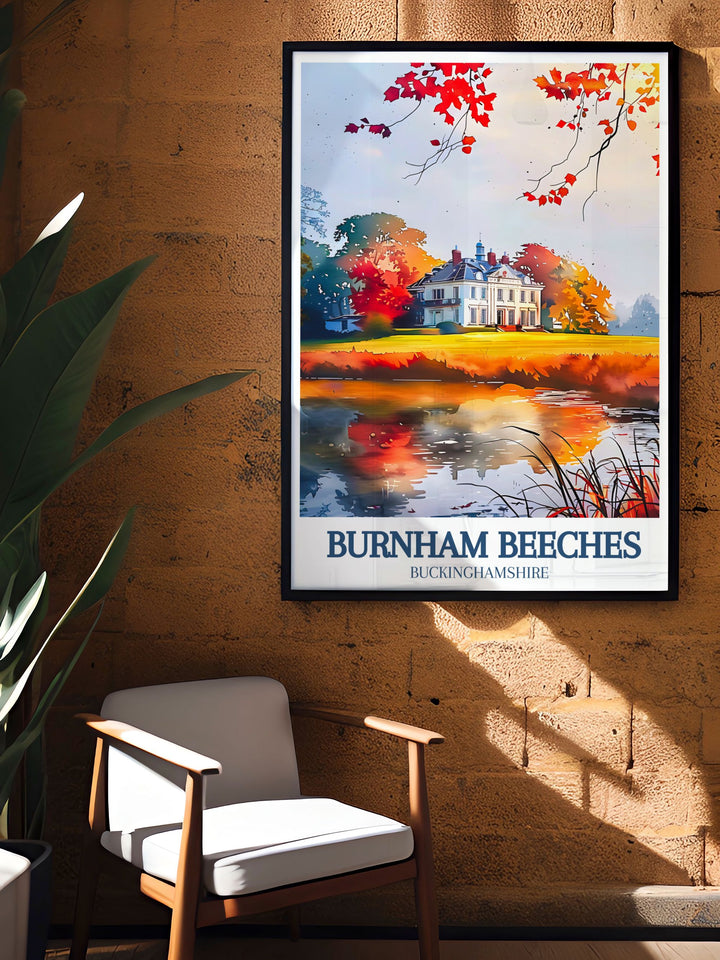 Bring the timeless charm of Burnham Beeches and the picturesque Farnham Common into your home with this vibrant travel poster, perfect for adding a touch of British elegance to your decor.