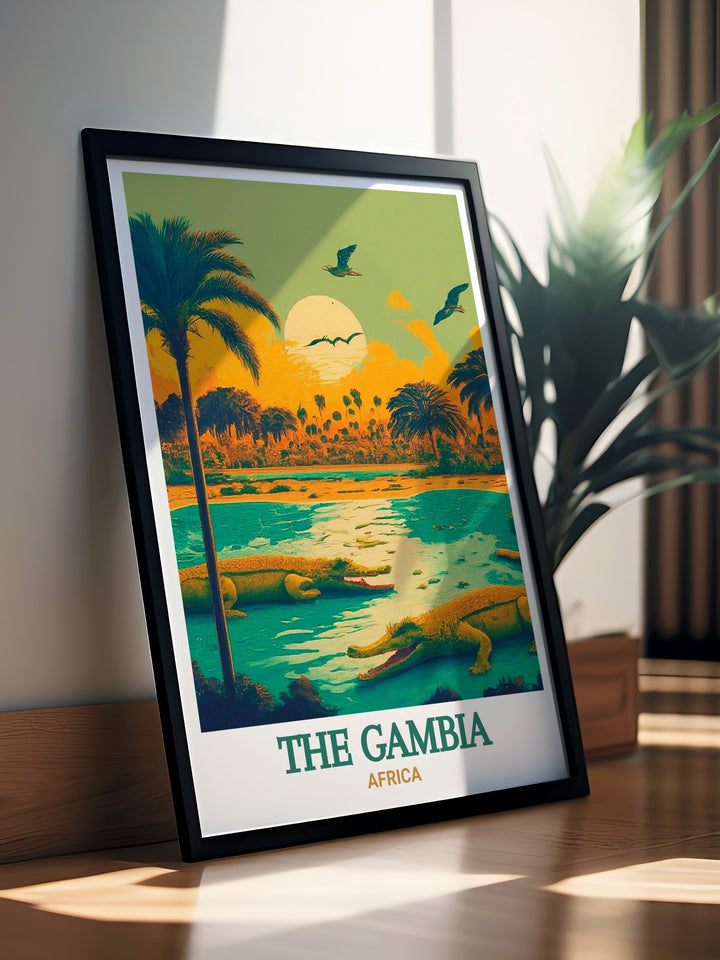 Scenic travel poster of Kachikally Crocodile Pool in The Gambia. This artwork captures the vibrant colors and intricate details of the pool, making it an ideal gift for friends and family. Perfect for birthdays, anniversaries, or holidays, celebrating the beauty of The Gambia.