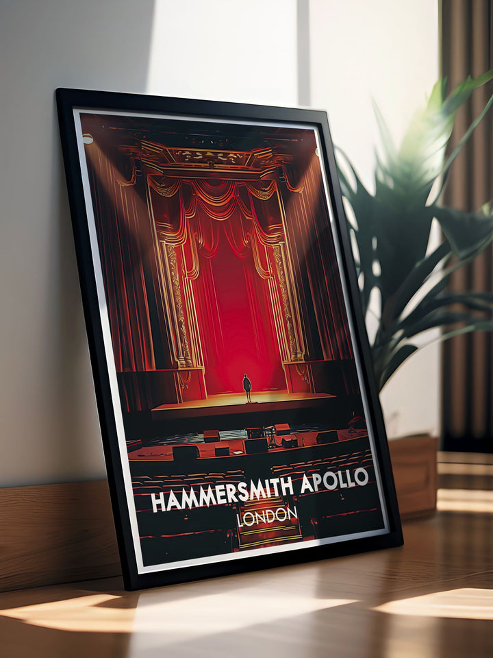 This art print of Hammersmith Apollo features stunning views of its iconic stage, providing a detailed and picturesque view of one of Londons most beloved landmarks.