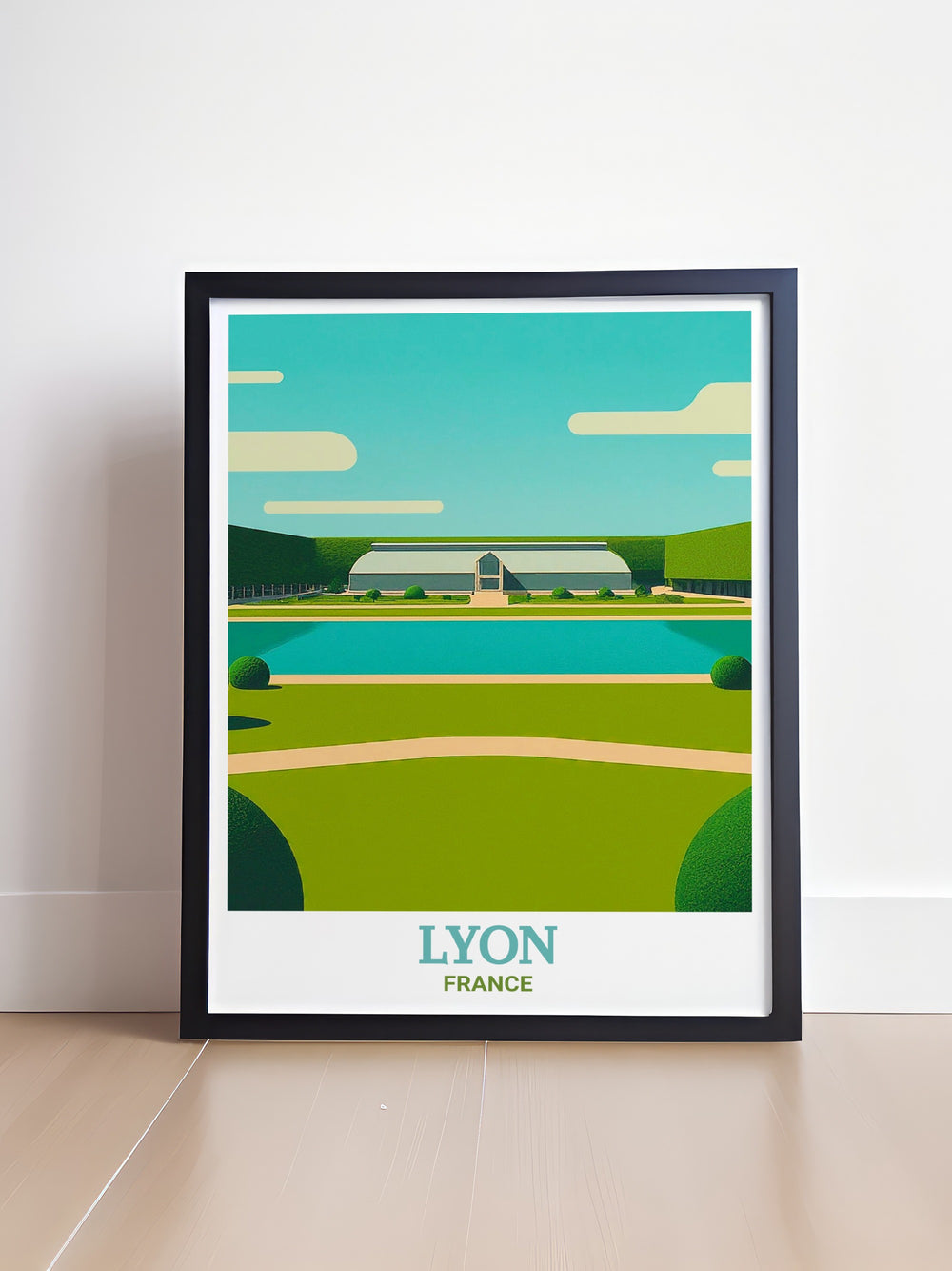 Lyon Travel Poster depicting the iconic Parc de la Tête dOr in a beautifully detailed design, perfect for adding a touch of Lyons charm to your wall. This travel poster is ideal for anyone who loves France or wants to remember their visit to Lyon.