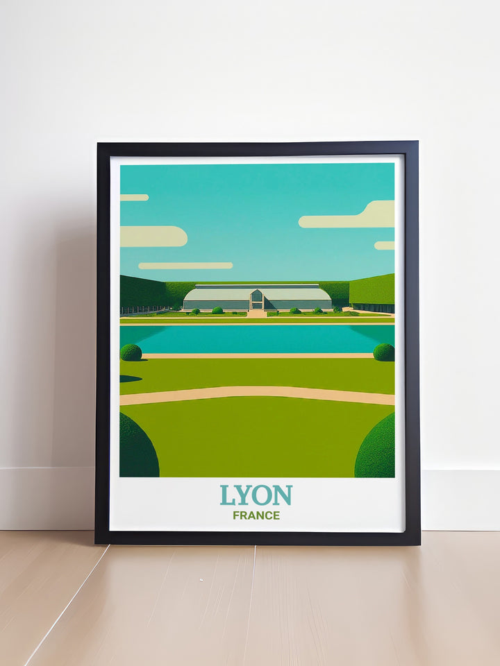 Lyon Travel Poster depicting the iconic Parc de la Tête dOr in a beautifully detailed design, perfect for adding a touch of Lyons charm to your wall. This travel poster is ideal for anyone who loves France or wants to remember their visit to Lyon.