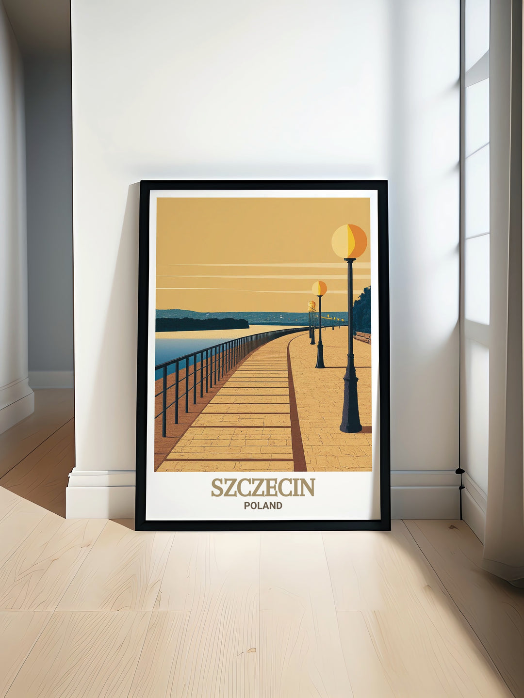 Vibrant art of Wały Chrobrego in Szczecin. This poster captures the picturesque views and cultural significance of the historic waterfront, making it a perfect gift for art and travel enthusiasts.