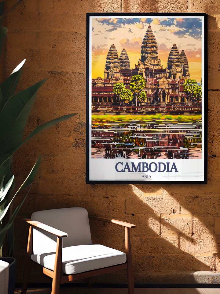 Angkor Wat Khmer wall art featuring the majestic temple in Cambodia. This print highlights the sophisticated architecture and cultural heritage of the Khmer Empire. An ideal addition to any art collection or as a unique gift for travelers.