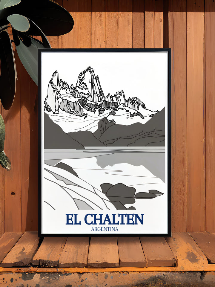 Add the spirit of adventure to your living room with this stunning El Chaltén Art Print. The artwork features Mount Fitz Roy and Laguna de los Tres, capturing the wild beauty of Patagonia.