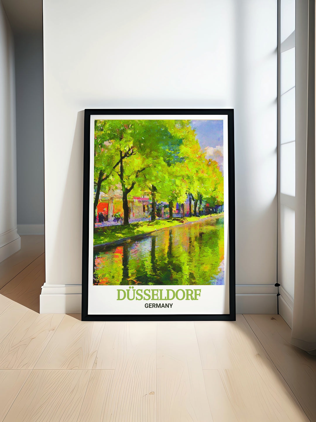 A detailed and vibrant depiction of Düsseldorfs Königsallee, this art print captures the luxury and history of one of Germanys most renowned streets. With intricate city mapping and bright colors, this piece brings European charm to any room.