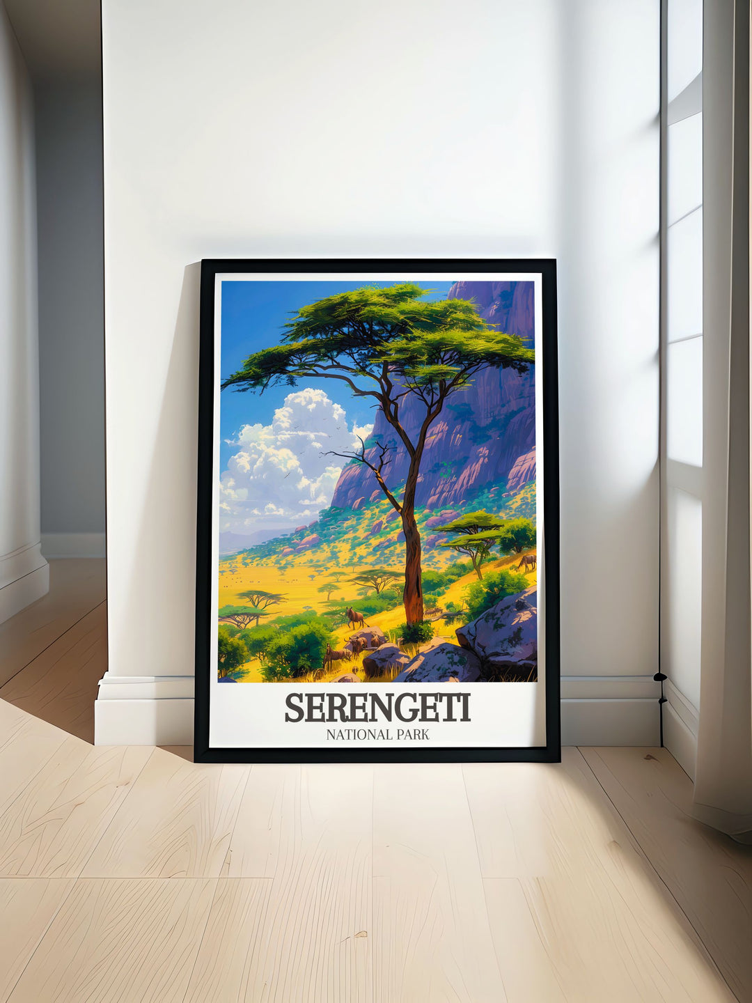 Acacia tree Wildlife savanna travel poster featuring the breathtaking landscapes of Serengeti National Park in Tanzania perfect for nature enthusiasts and home decor lovers