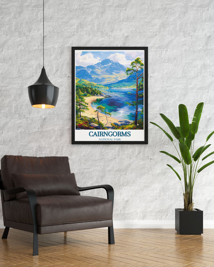 This poster showcases the enchanting landscapes of Cairngorms National Park and the spectacular views from Cairngorm Mountain, adding a unique touch of Scotlands historical and natural beauty to your living space.
