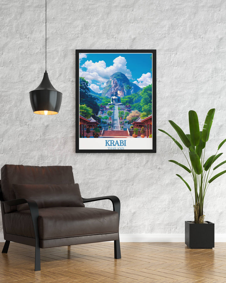 Celebrate the natural splendor of Krabi Island and the spiritual significance of Tiger Cave Temple with this captivating wall art print showcasing lush greenery and sacred architecture perfect for enhancing your home decor or as a thoughtful Thailand travel gift.