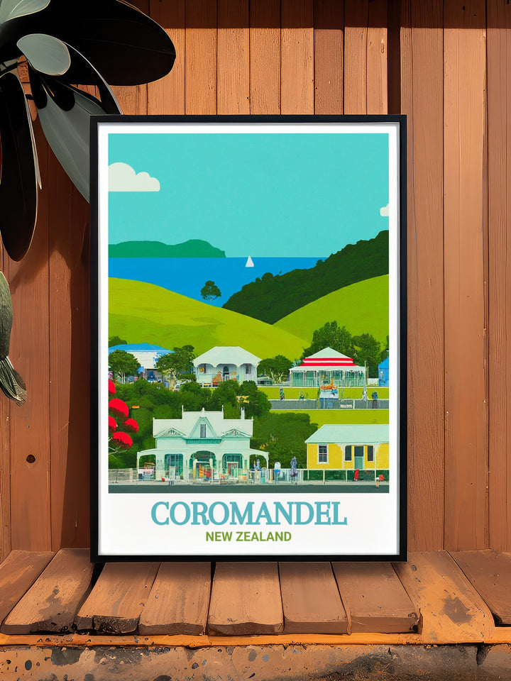 New Zealand travel poster featuring Coromandel Town, capturing the charming blend of historical buildings and lush landscapes, ideal for those who appreciate the cultural heritage and natural beauty of New Zealand.