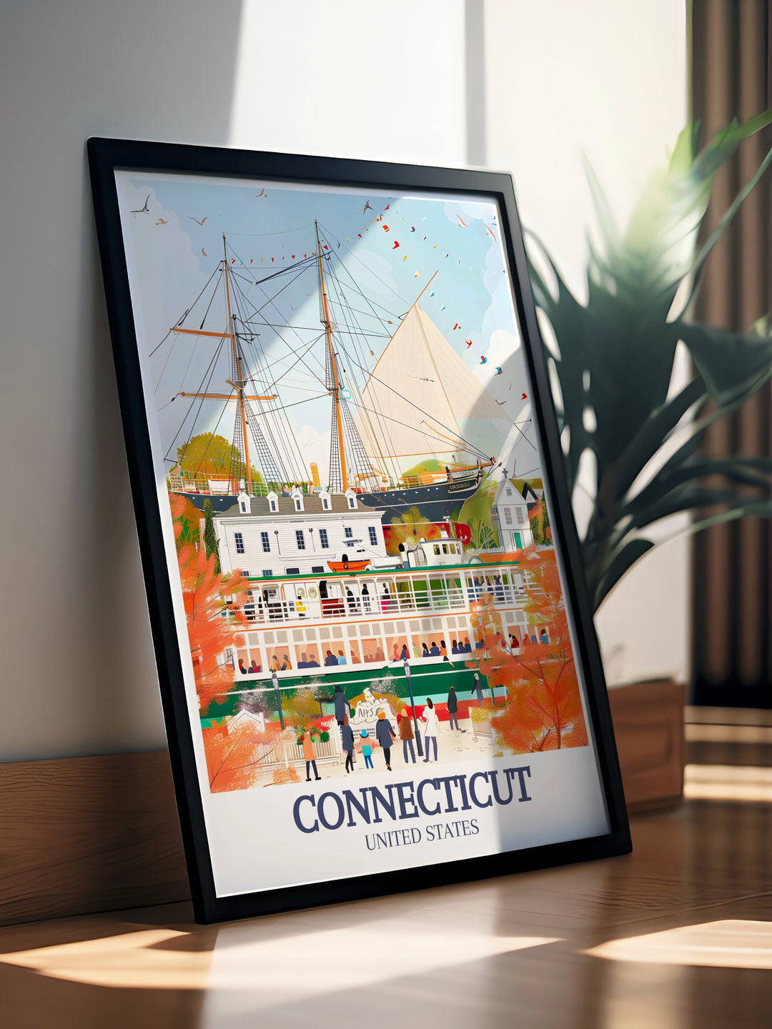 Stunning Connecticut wall art featuring Mystic Seaport New England town and Bridgeport poster ideal for elegant home decor or personalized gifts for any occasion including birthdays anniversaries or Christmas adding a sophisticated touch to any room.