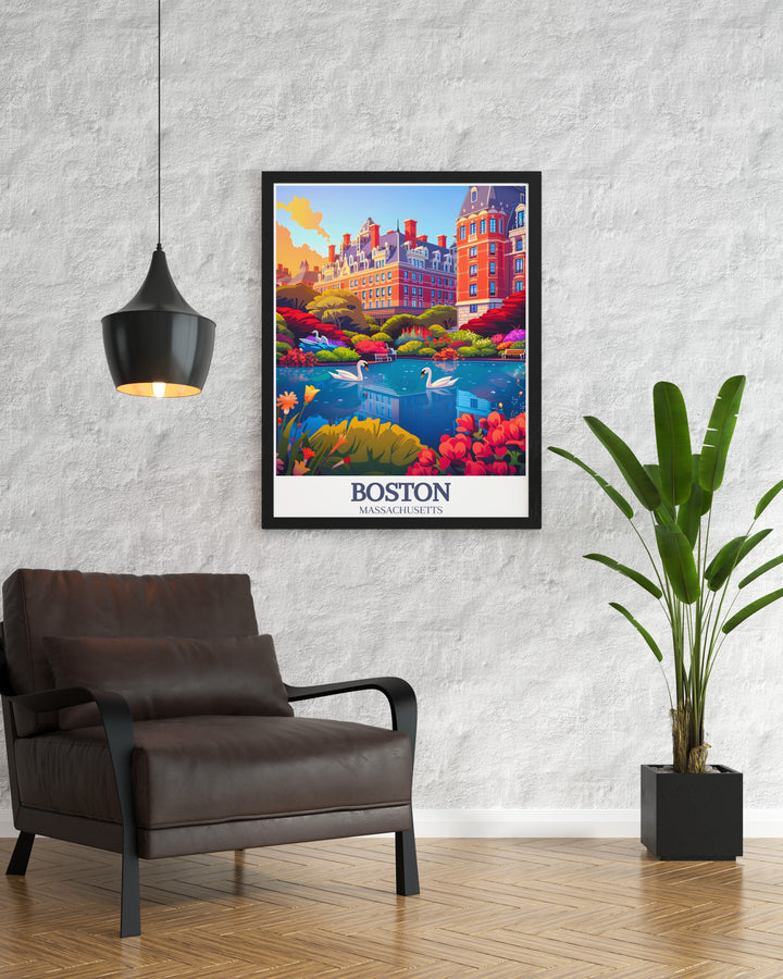 Boston Travel Print beautifully depicts the blend of nature and city life, with the Boston Public Garden and Downtown Boston standing side by side. This artwork captures the essence of the city, making it a perfect addition to any home or office decor.