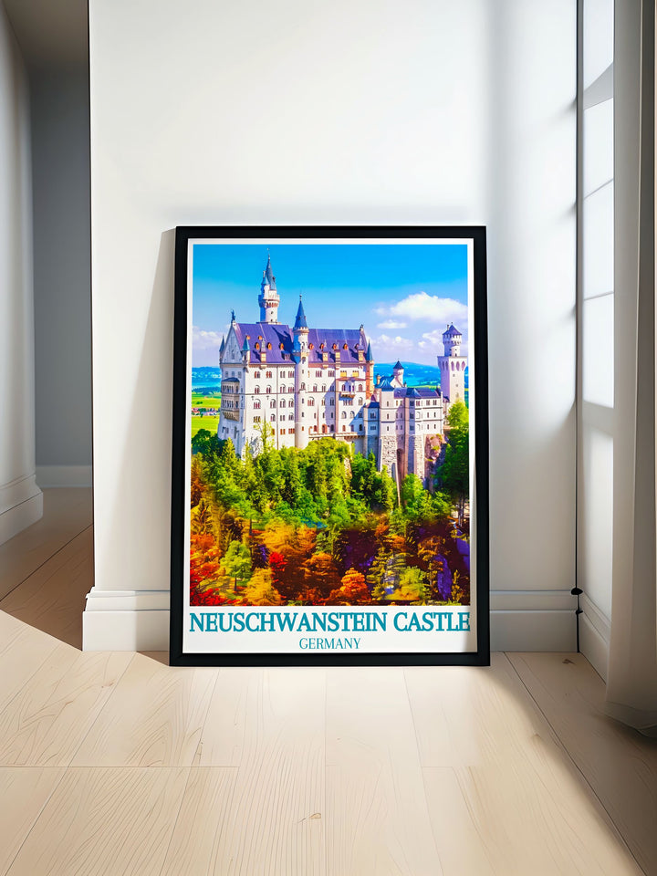 Showcasing the serene beauty of Neuschwanstein Castle and the spectacular perspective from Marienbrücke, this poster brings the enchanting charm of Bavarias landmarks into your living space, perfect for creating an elegant and historical ambiance.