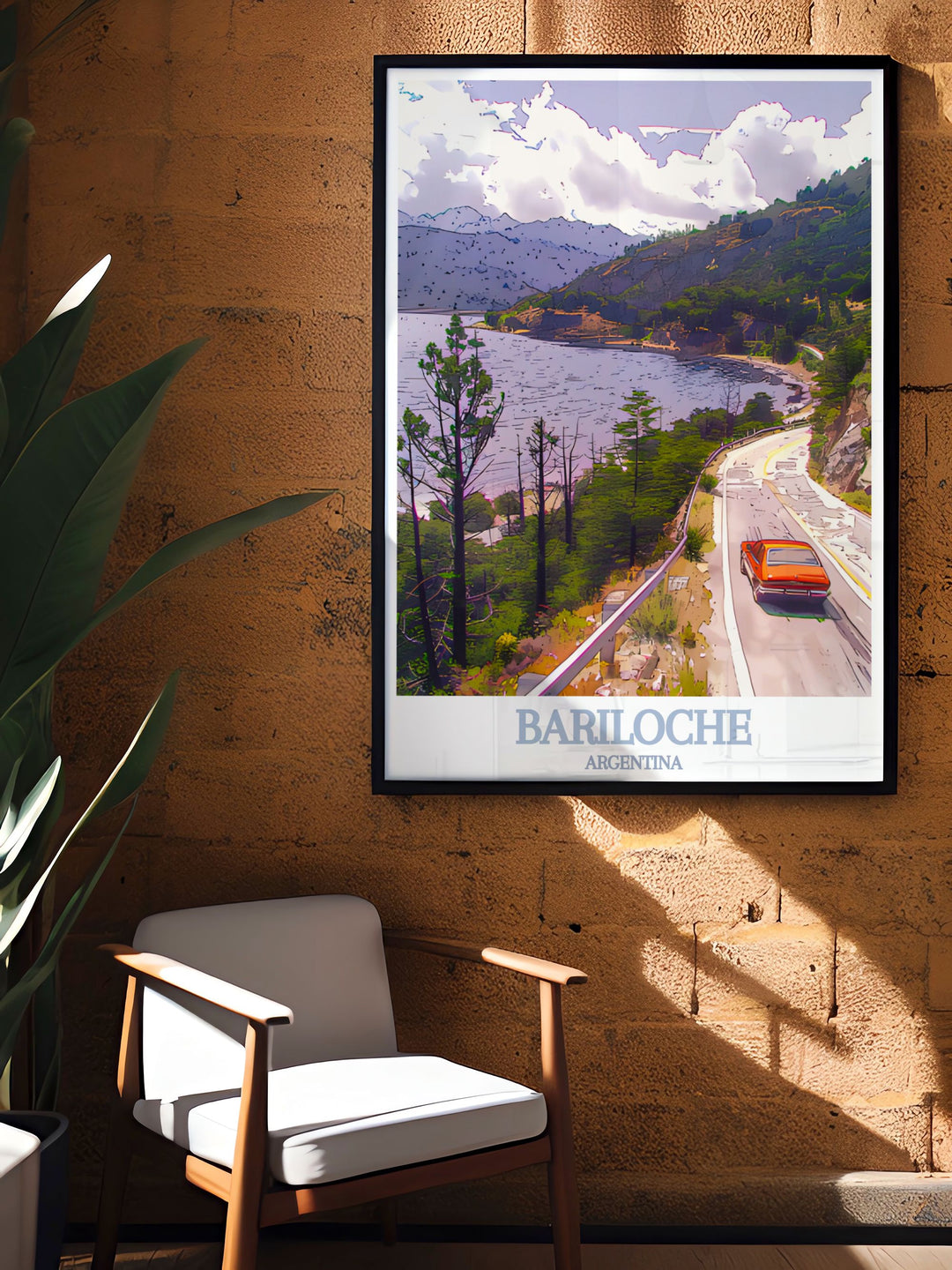 Unique Argentine artwork of Bariloches scenic landscapes, featuring landmarks like the Route of the Seven Lakes and San Carlos. Ideal for personalized gifts or home decor, this print captures the essence of Bariloche and its captivating natural beauty.